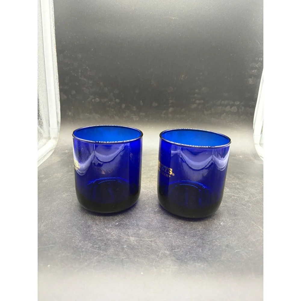Harveys Bristol Cream Cobalt Blue Sherry Glasses Set of 2 Gold Logo Vintage